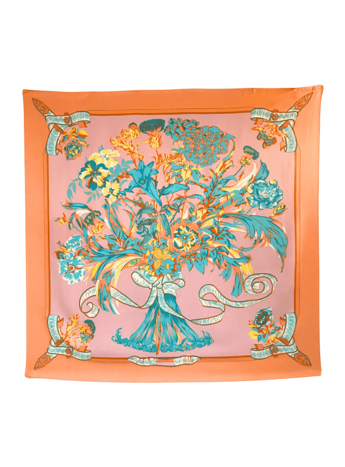 Foulard carré femme soie fleuri vintage – Carré Bouquet Abricot, bouquet teal et orange sur fond rose poudré, bordure abricot, 90×90 cm