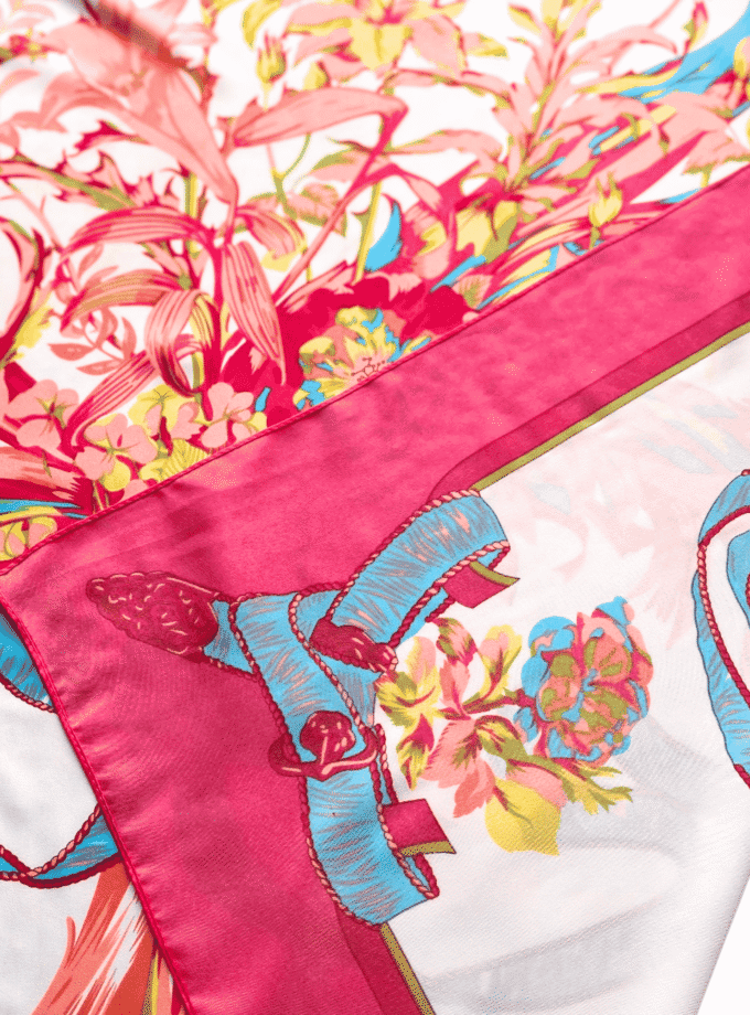 Carré Bouquet Fuchsia — Cadeau en soie femme, foulard fleuri vintage