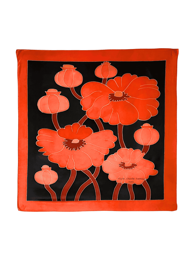 Foulard soie naturelle femme vintage signé Marie-Claude Fremau Paris – motif coquelicots graphiques rouge et corail sur fond noir, bordure rouge, 65×65 cm