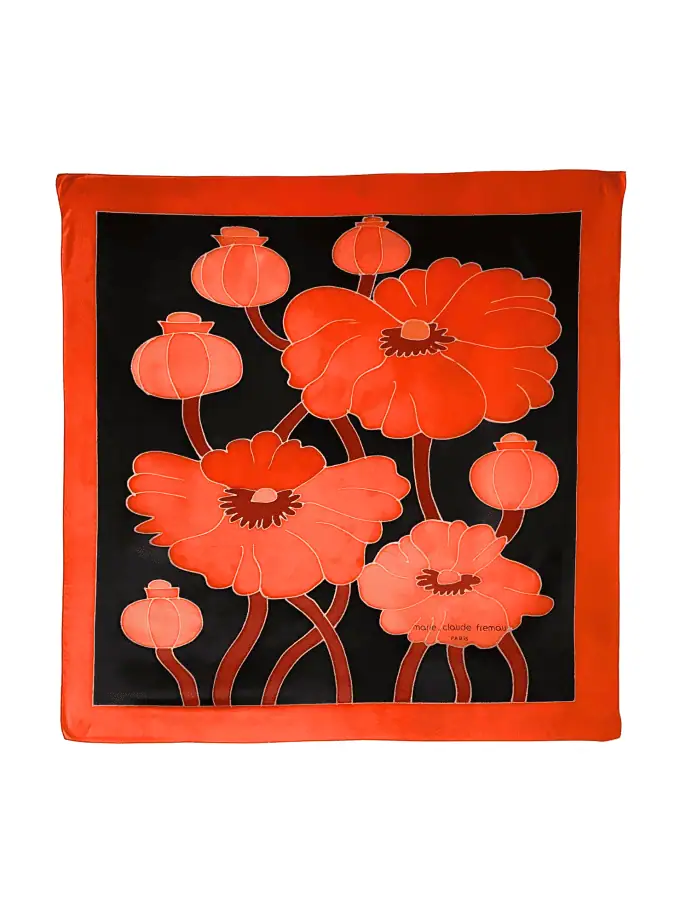 Foulard soie naturelle femme vintage signé Marie-Claude Fremau Paris – motif coquelicots graphiques rouge et corail sur fond noir, bordure rouge, 65×65 cm