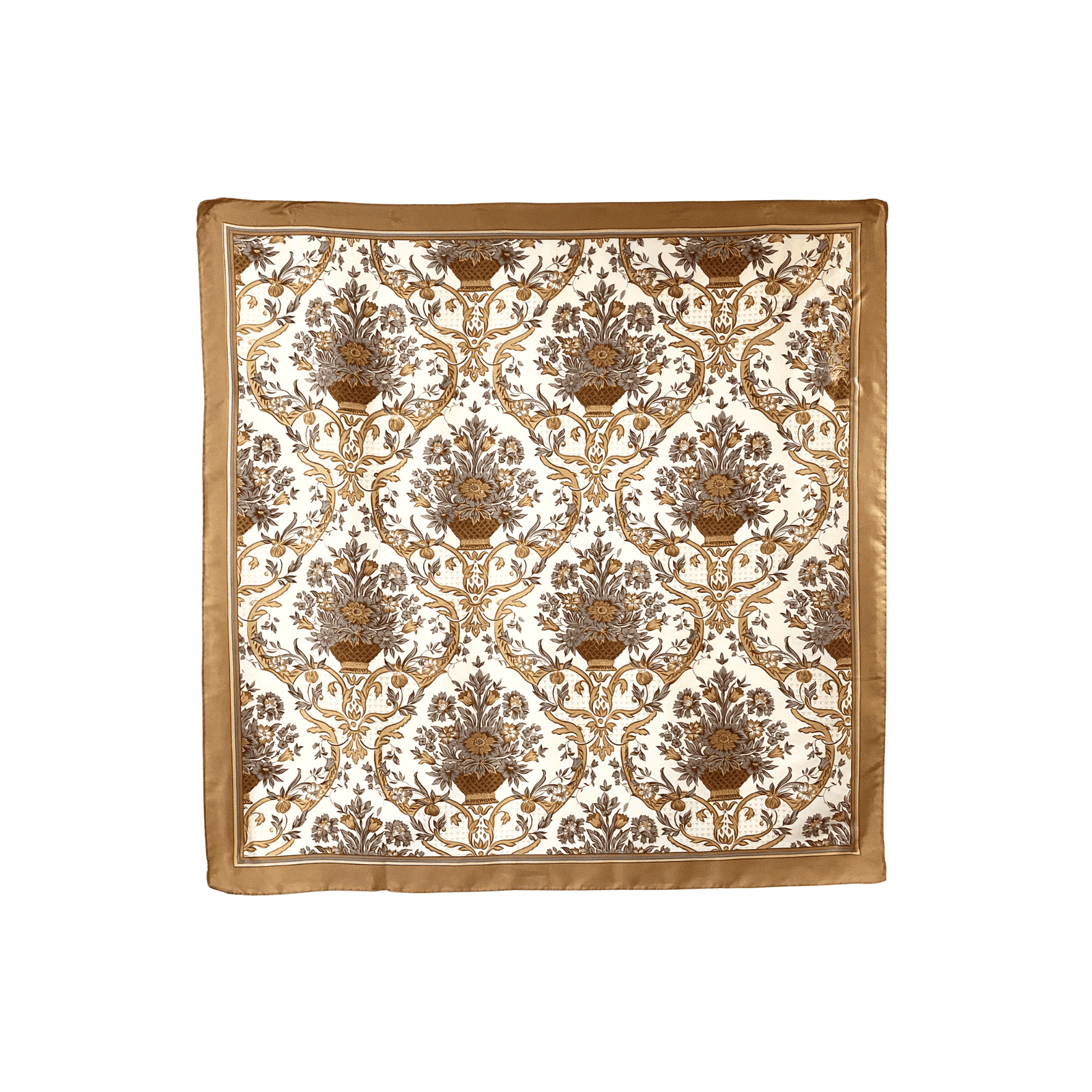 Accessoires en soie femme – Carré Corbeille vintage Albertazzi Italie, motif all-over corbeilles fleuries et arabesques dorées sur fond ivoire, bordure dorée satinée, 86×86 cm