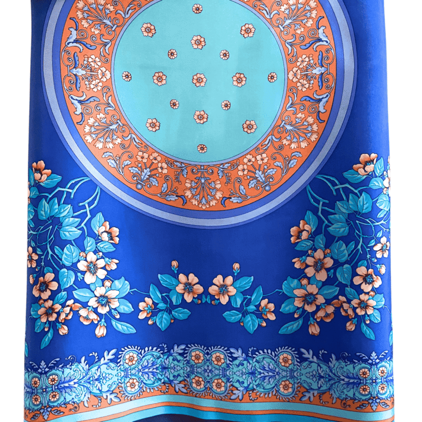 Carré Dôme drapé — médaillon turquoise et orange, couronne florale bleu roi, grand foulard femme soie vintage soie italienne 91x91cm