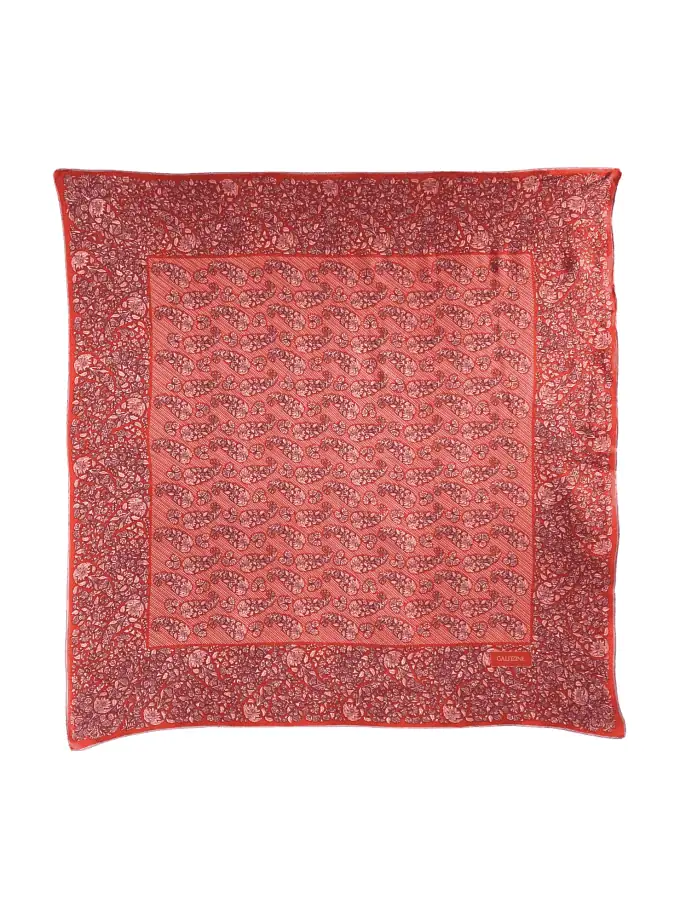 Foulard soie luxe vintage signé Galitzine Rome – motif paisley all-over rouge et bordeaux, bordure ornementale foncée sur fond corail, 87×84 cm