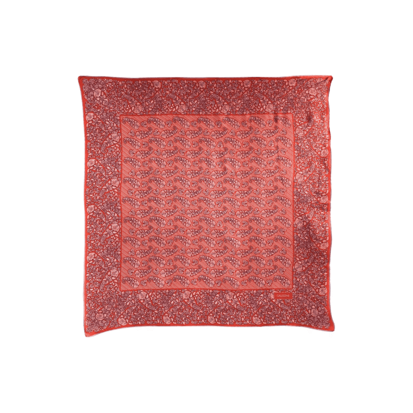 Foulard soie luxe vintage signé Galitzine Rome – motif paisley all-over rouge et bordeaux, bordure ornementale foncée sur fond corail, 87×84 cm
