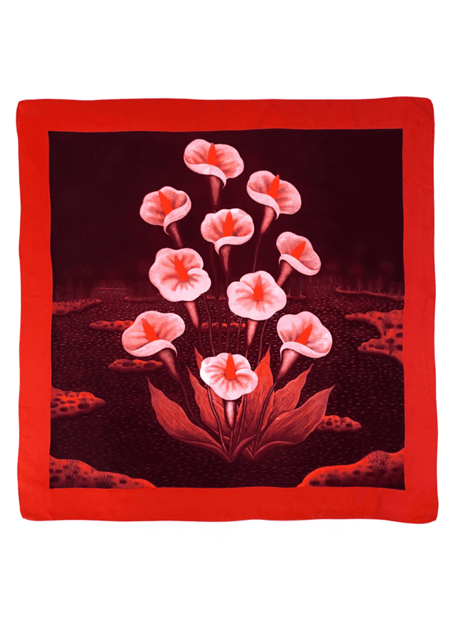 Carré Lys foulard soie femme chic vintage — arums rose poudré sur fond bordeaux, paysage nocturne, bordure écarlate, soie 100%
