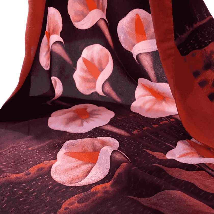 Carré Lys drapé — foulard soie femme chic vintage, arums rose poudré sur bordeaux, bordure écarlate, tombé soie 100% pièce unique