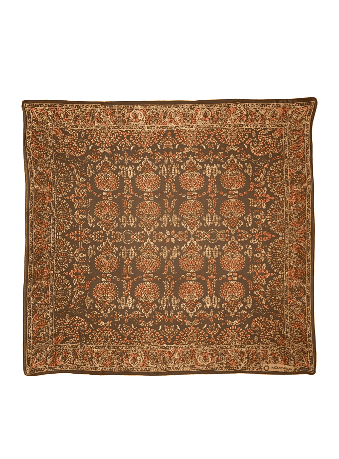 Foulard soie made in France vintage signé Molyneux Paris – motif floral all-over tabac et terracotta sur fond brun, ourlet roulotté main, 78×74 cm