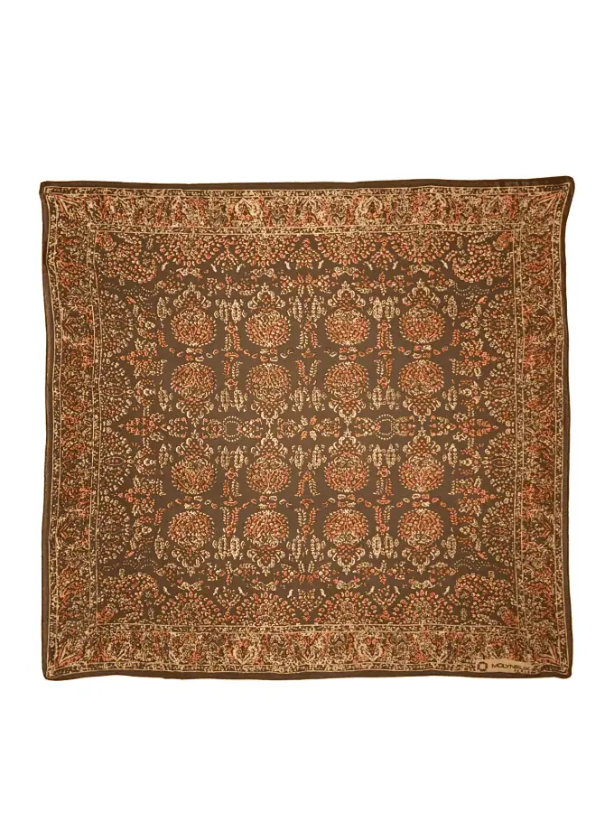 Foulard soie made in France vintage signé Molyneux Paris – motif floral all-over tabac et terracotta sur fond brun, ourlet roulotté main, 78×74 cm