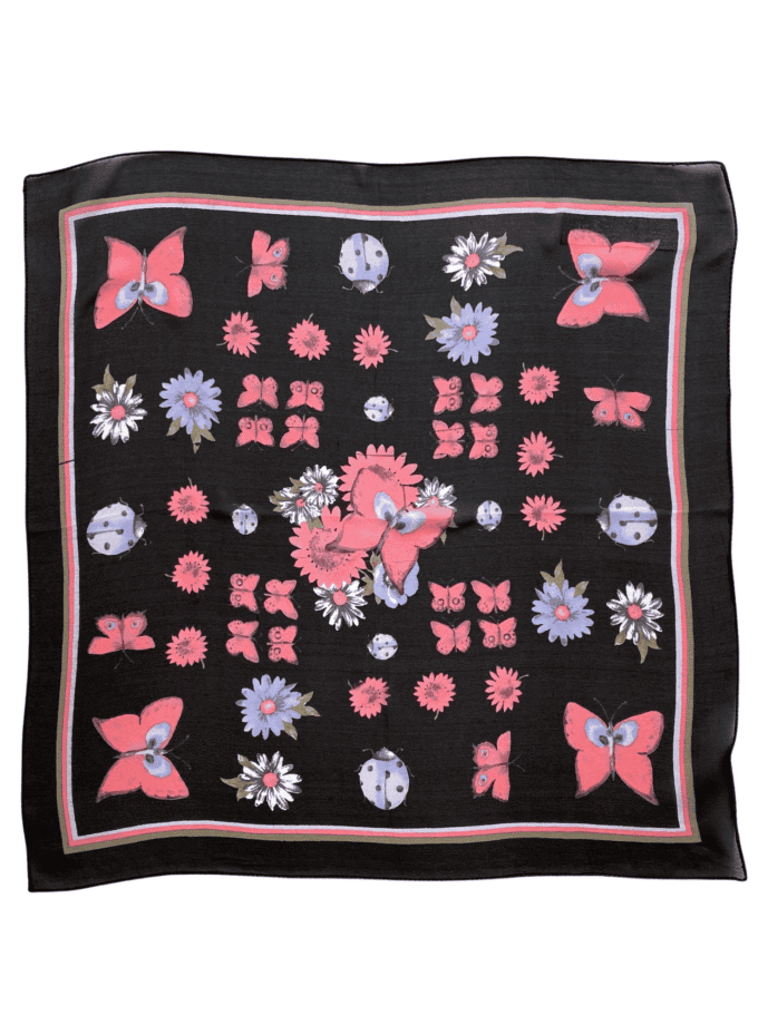 Carré Papillon petit foulard en soie femme vintage — papillons et coccinelles corail lavande sur fond noir, soie italienne transparente 40x40cm