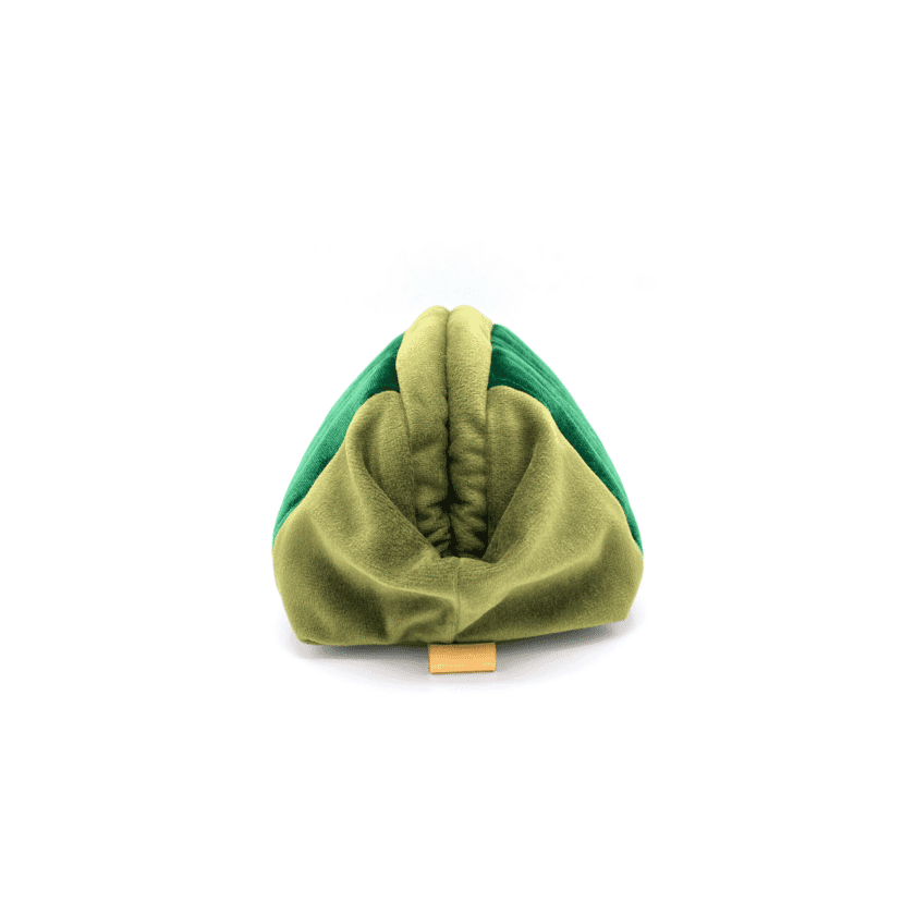 Sulu Jade pochette velours olive et jade vue de cote fermoir clic-clac etiquette artisanale Lyon