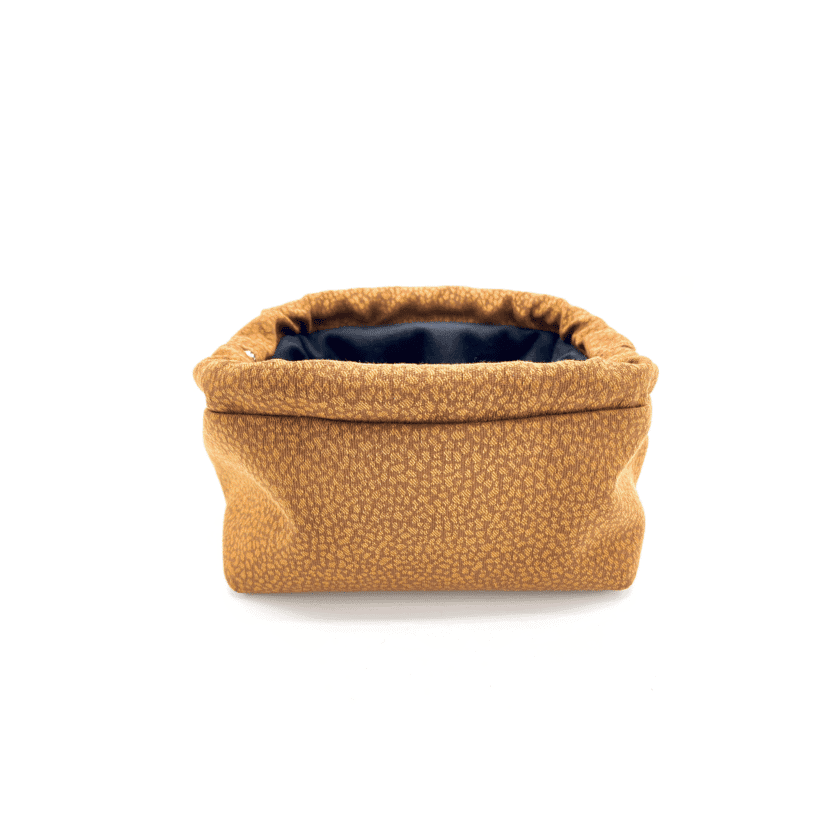 Sulu Savane petite trousse tissu imprime brun cuivre ouverte interieur velours noir fermoir argente Lyon